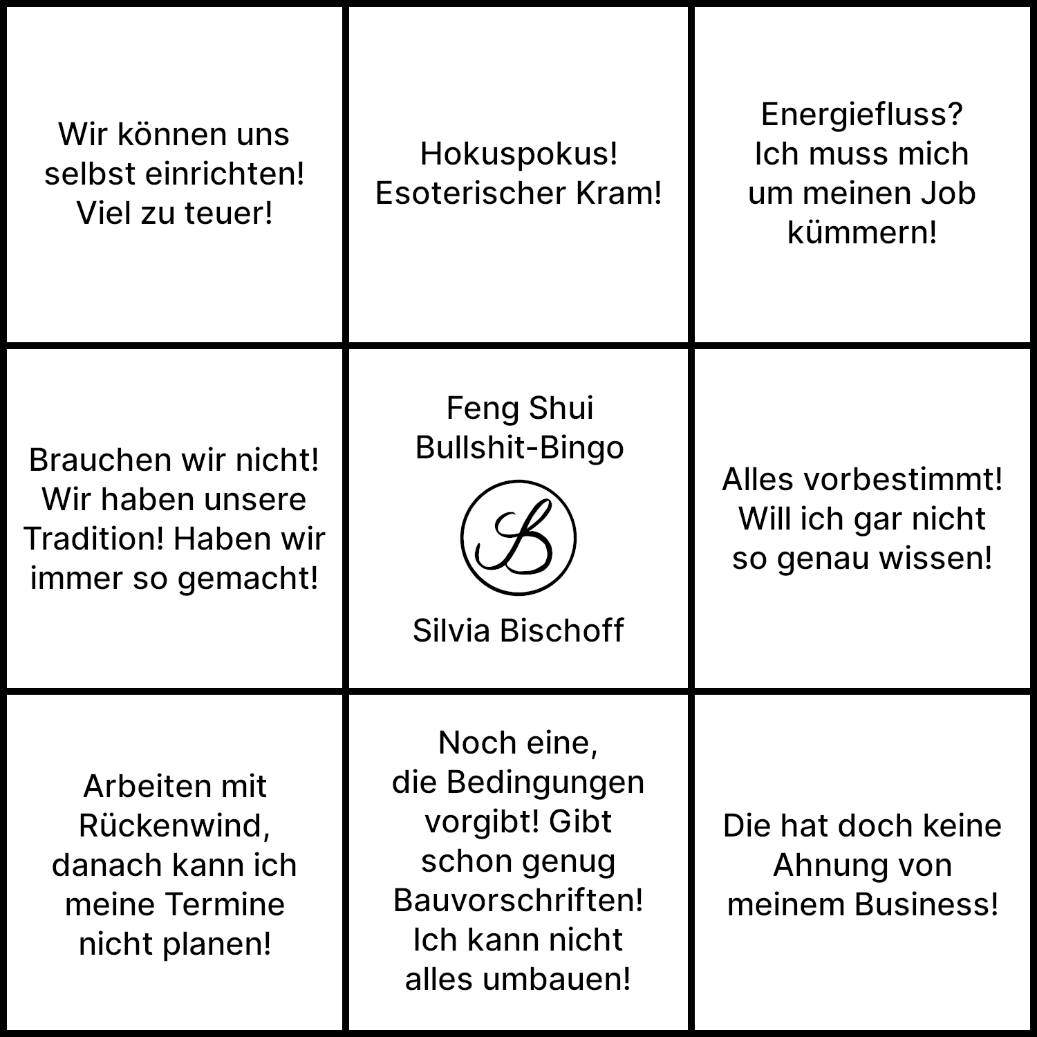 Vorurteile in einer Bingo Grafik angeordnet, die genauso ein Bagua sein könnte, Feng Shui Bischoff Norddeutschland