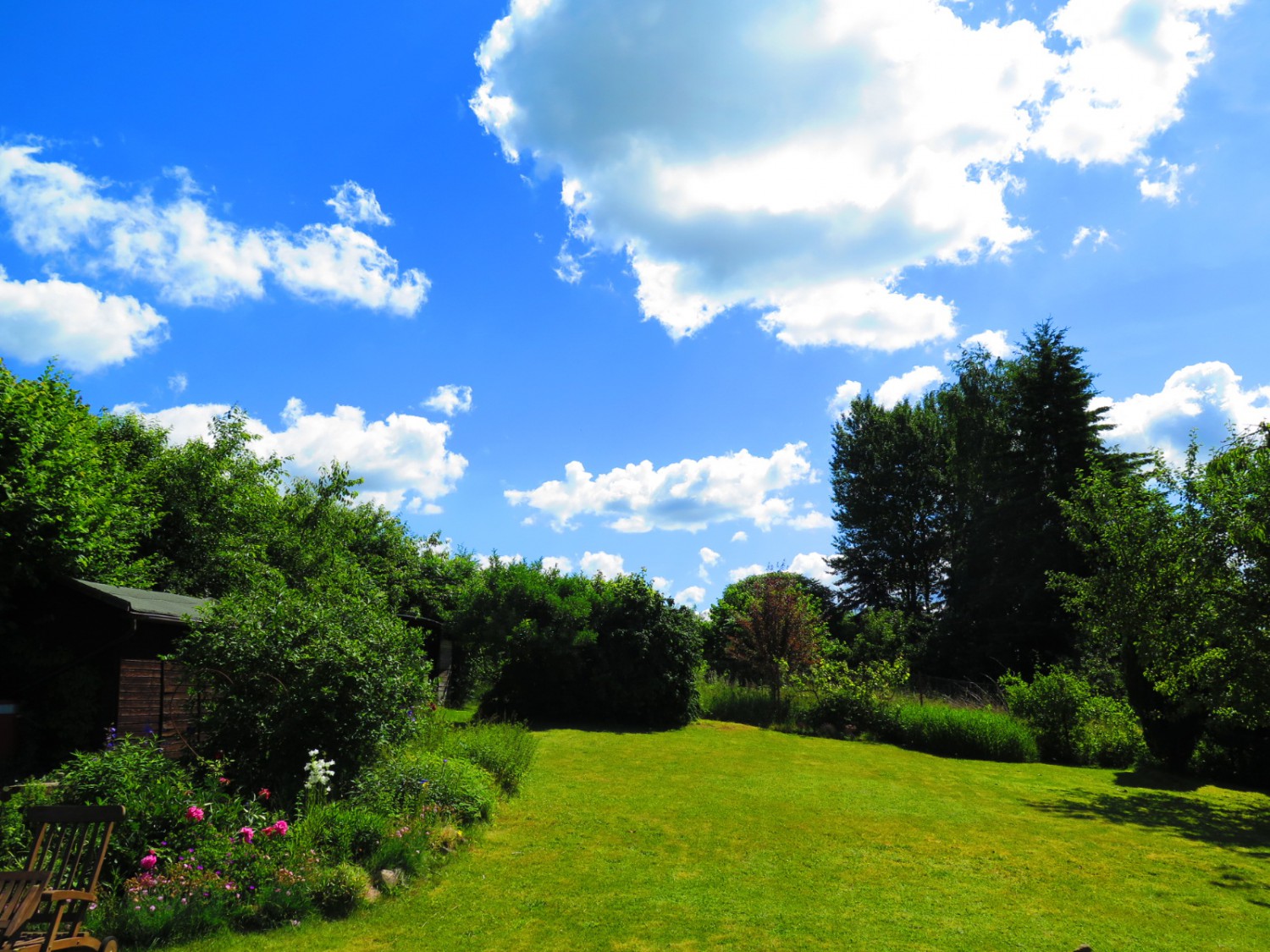 leuchtend grüner Garten im Sonnenschein mit strahlend weißen Wolken,nach Regenguß, Bischoff Feng Shui Grönwohld